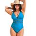 Plus Size Women's Lattice Plunge One Piece Swimsuit by Swimsuits For All in Blue (Size 22)