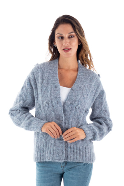 Aurelia,'Cable Knit Alpaca Blend Cardigan in Light Blue from Peru'