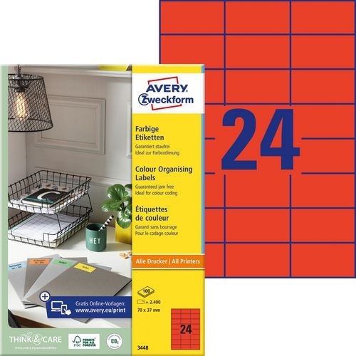 AVERY Zweckform Laser Etiketten 3448 Selbsthaftend DIN A4 Rot 70 x 37 mm 100 Blatt à 24 Etiketten Image