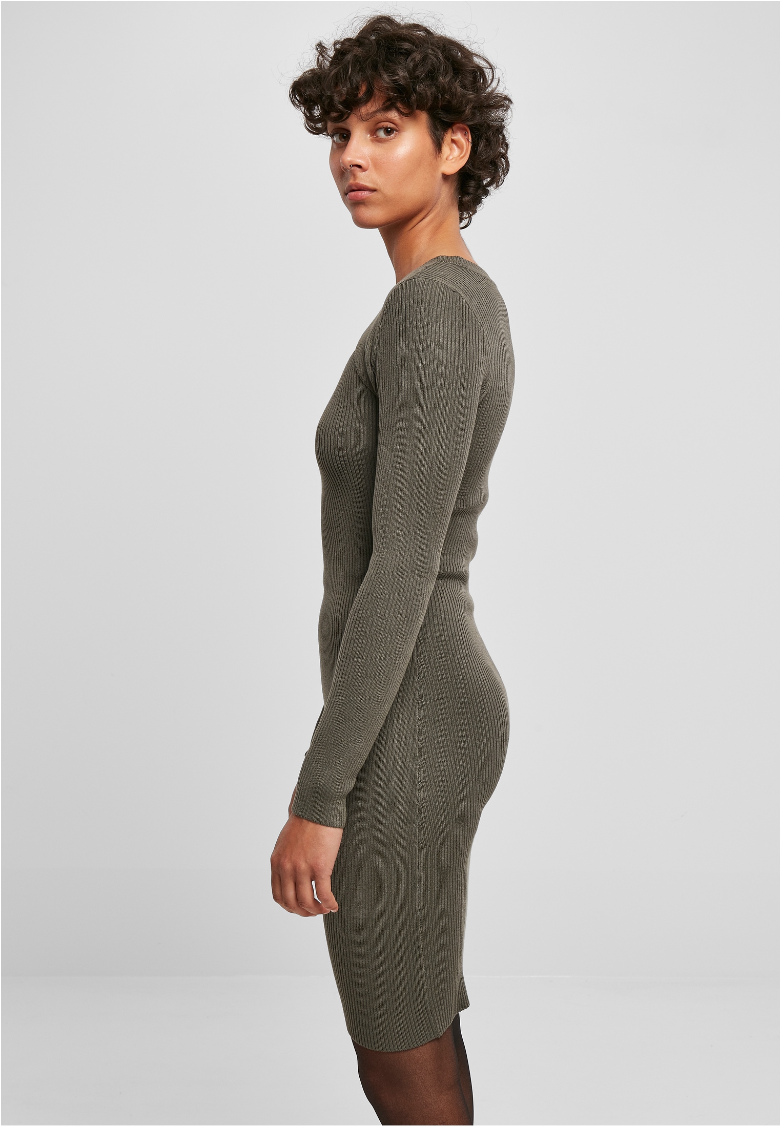 Shirtkleid URBAN CLASSICS "Urban Classics Damen Ladies Cut Out Dress", Damen, Gr. S, US-Größen, grün (olive), 35% Viskose, 35% Polyacryl, 30% Polyamid, unifarben, Klassisch, slim fit, U-Boot-Ausschnitt, Kleider Image