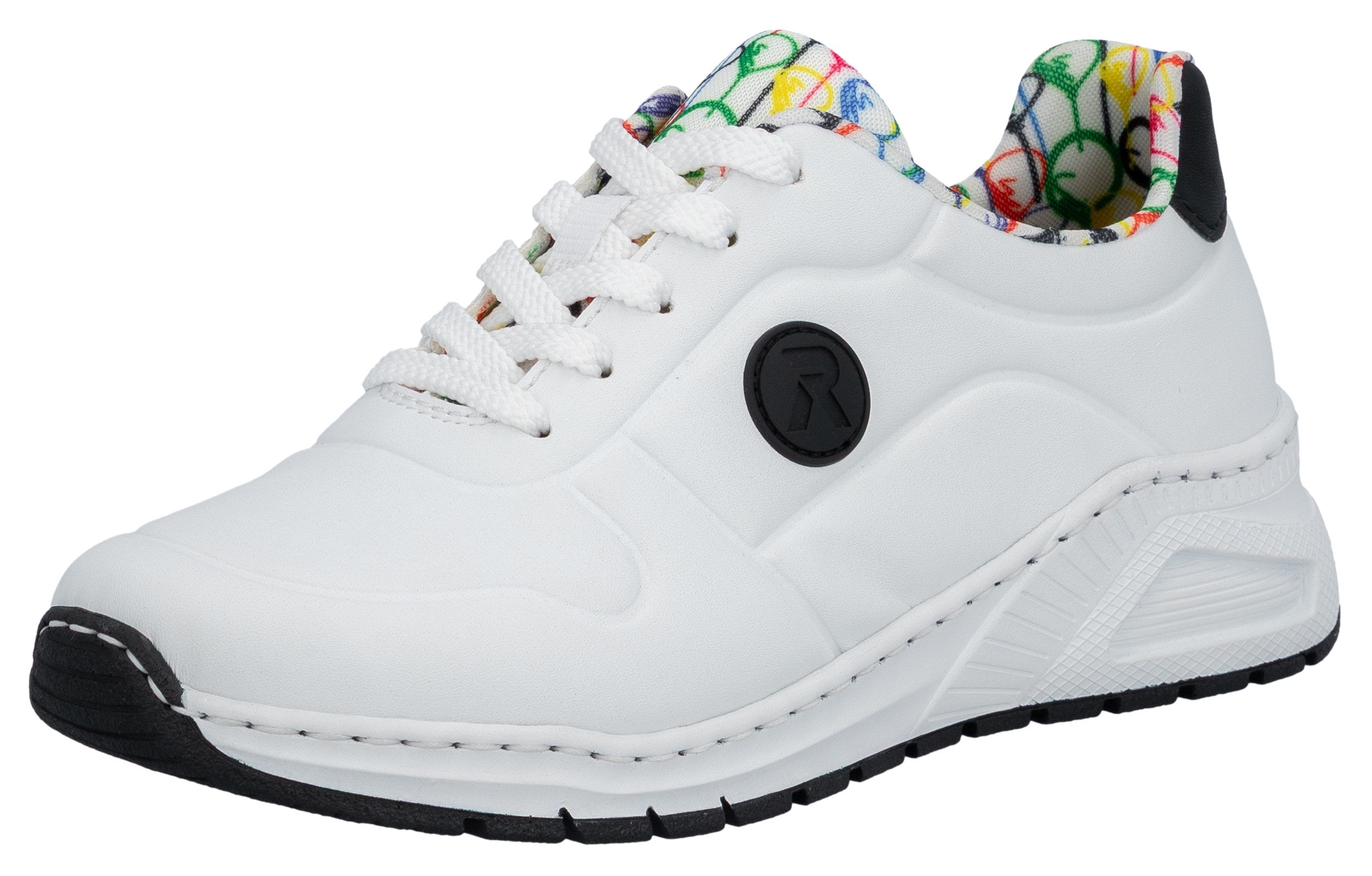 Sneaker RIEKER, Damen, Gr. 36, weiß (weiß, schwarz), Lederimitat, unifarben mit Farbeinsatz, Schuhe Sneaker, mit MemoSoft-Innensohle, Freizeitschuh, Halbschuh, Schnürschuh