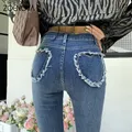ZOENOVA-Jeans à Jambes Larges pour Femme Appliques Appliquées Poche Arrière Ourlet Brut Taille