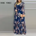 Robe maxi en mousseline de soie à imprimé floral pour femmes manches lanterne col en V vacances