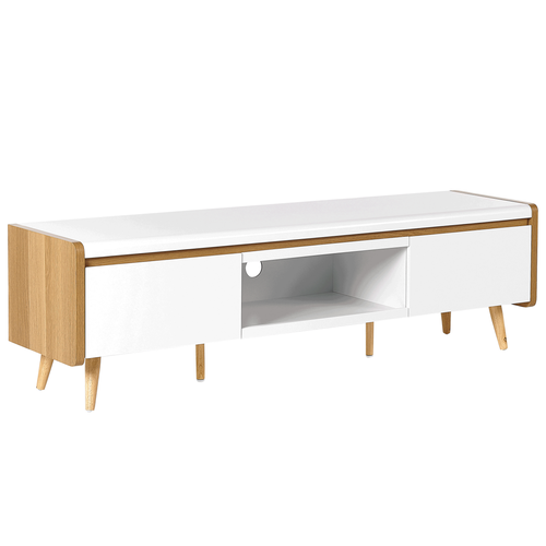 TV-Möbel Weiß und Heller Holzfarbton MDF-Platte 160 x 40 x 46 cm mit Holzgestell 2 Schubladen Offenem Fach Kabeldurchführung Wohnzimmer