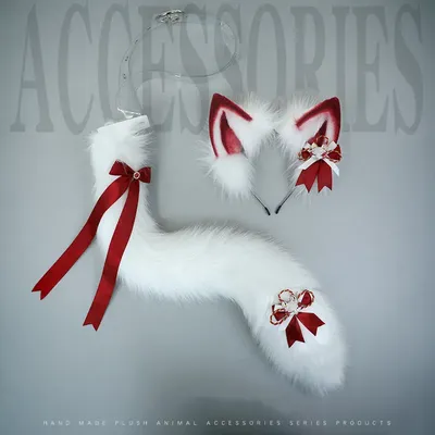 Oreilles de renard et queue de chat Lolita rouge et blanc accessoires de cosplay oreilles de loup