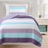 Cozy Line Purple Cosmos Spring Floral Stripe Garden Lavender Teal & White Ruffle Cotton Reversible Quilt Bedding Set