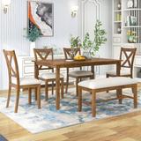 6-Piece Kitchen Dining Table Set Wooden Rectangular Dining Table, 4 Fabric Chairs and Bench Family Furniture