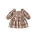 AMILIEe Toddler Baby Girls Plaid Dress Square Neck Ruffles Long Sleeve A-line Dress Casual Princess Dress