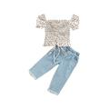 Musuos Baby Girls Puff Short Sleeve Crop Top Flare Ripped Jeans Wide Leg Denim Pants