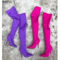 Bottes longues élastiques violettes pour femmes sur le genou chaussons à talons fins chaussures