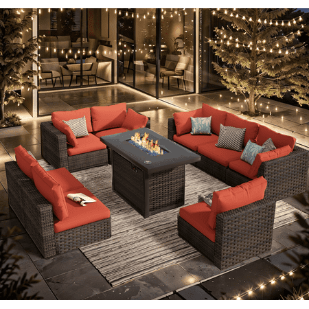 Grezone 9 Pieces Outdoor Patio Furniture with 43 55000BTU Gas Propane Fire Pit Table PE Wicker Rattan Sectional Sofa Patio Conversation Sets