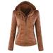 Women Faux Leather Short for Jacket with Detachable Hood Motorcycle Zip Up Outwe