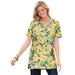 Plus Size Women's Perfect Printed Short-Sleeve Shirred V-Neck Tunic by Woman Within in Primrose Yellow Painterly Bloom (Size 5X)