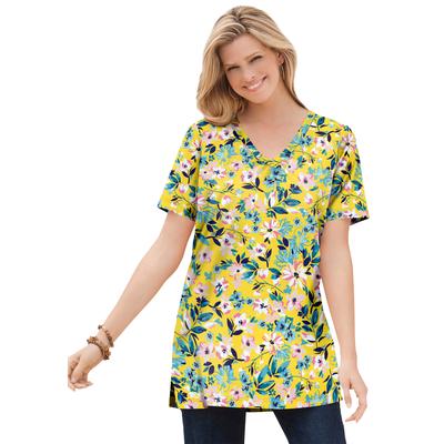 Plus Size Women's Perfect Printed Short-Sleeve Shirred V-Neck Tunic by Woman Within in Primrose Yellow Painterly Bloom (Size 4X)