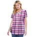 Plus Size Women's Seersucker Baseball Shirt by Woman Within in Raspberry Sorbet Camp Plaid (Size L)