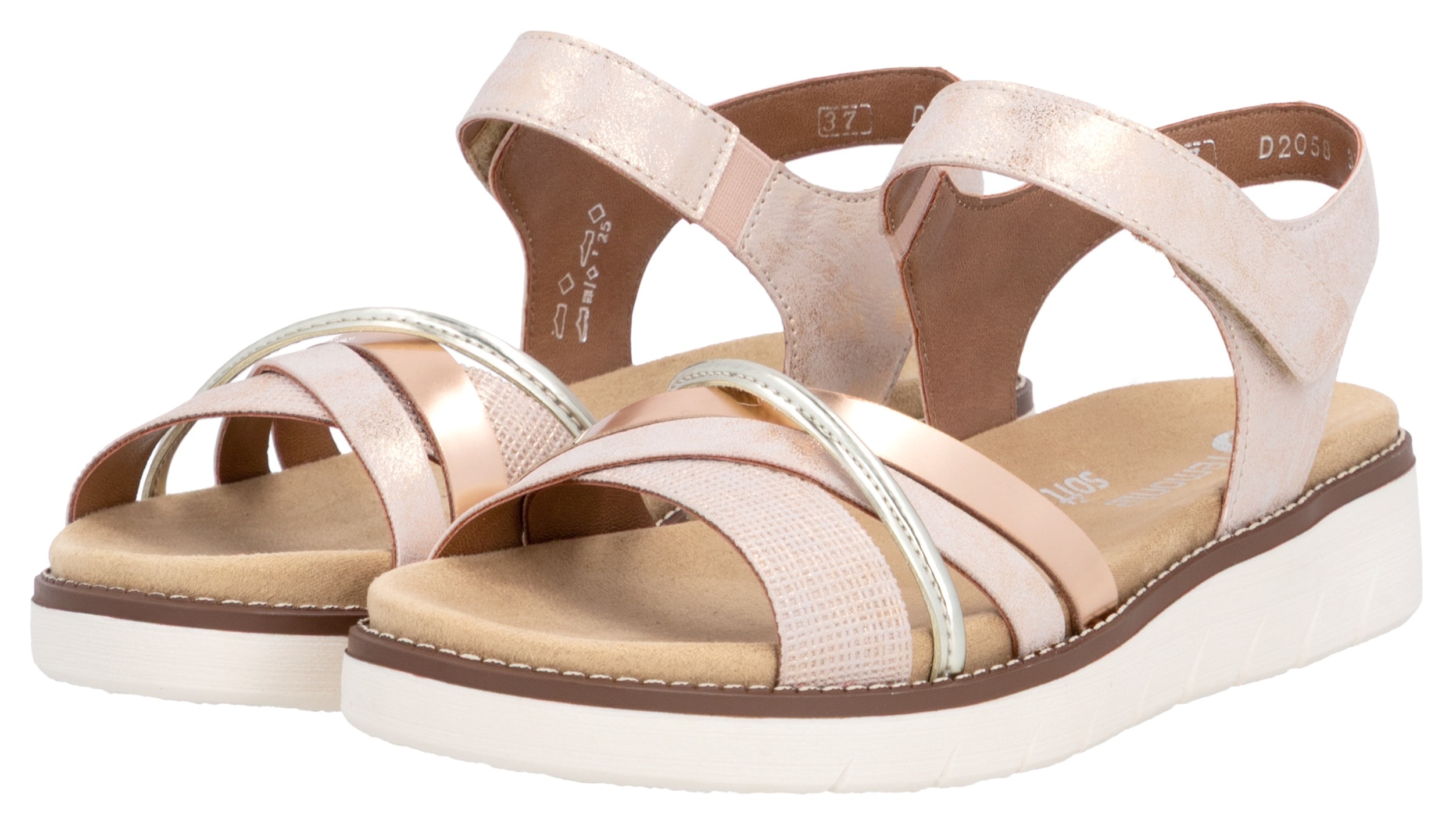 Riemchensandale REMONTE, Damen, Gr. 43, rosa (rosé, roségoldfarben, goldfarben), Lederimitat, metallic, Schuhe Riemchensandale, Keilabsatz, Sommerschuh, Sandalette mit herausnehmbarer Softeinlage