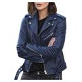 Stamzod Women s Faux Leather Belted Motorcycle Jacket Long Sleeve Zipper Fitted Fall and Winter Fashion Moto Bike Short Jacket Coat Blue 5XL