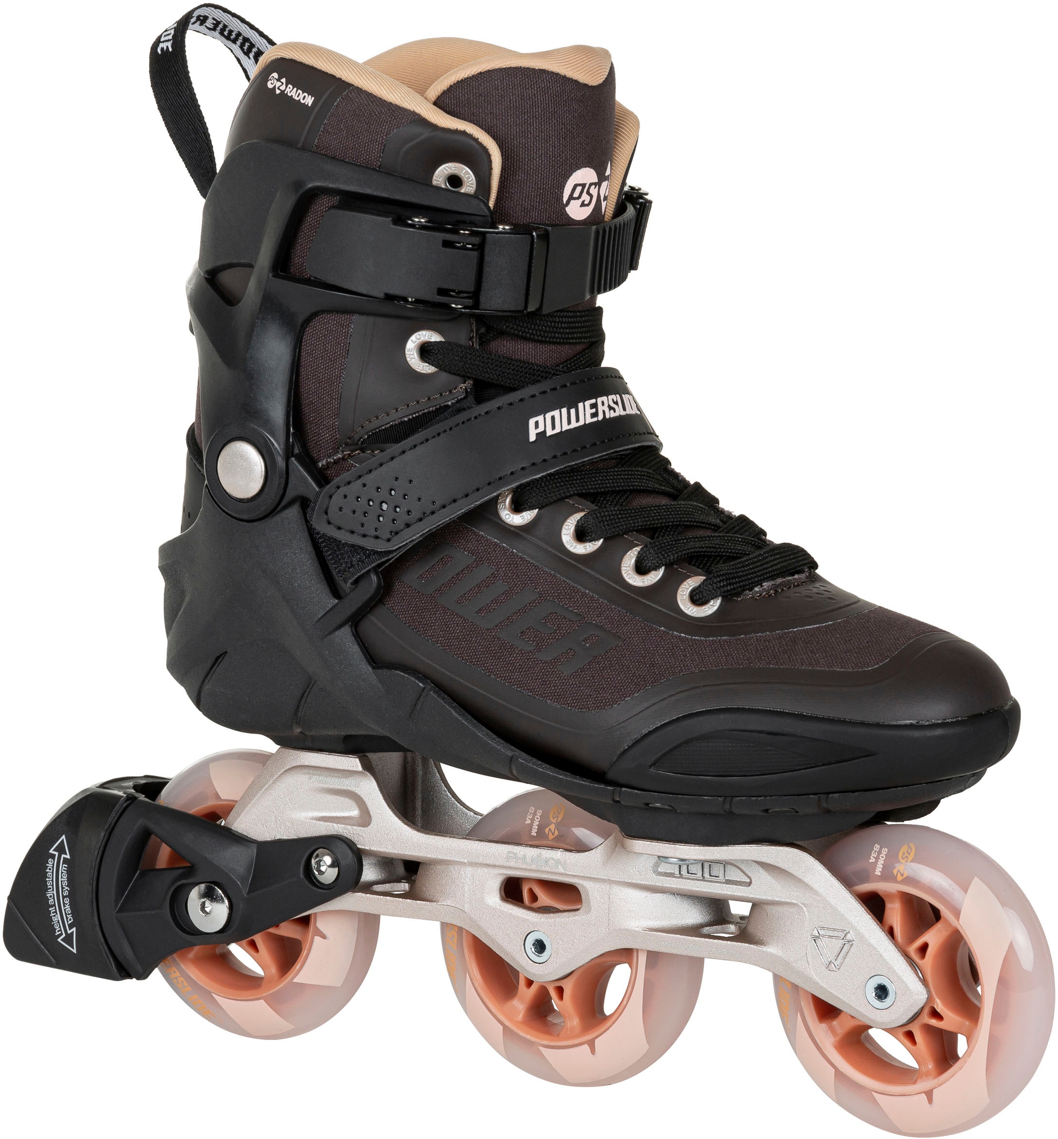 Inlineskates POWERSLIDE "Phuzion Radon Bronze 90" Gr. 39, schwarz (schwarz, braun, bronzefarben), Inlineskates_Rollschuhe, 39 (bis 100), Kunstfaser Image
