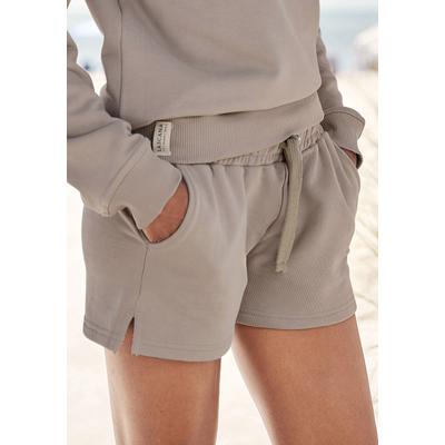 Sweatshorts LASCANA, Damen, Gr. 32/34, N-Gr, grau (taupe), Sweatware, Obermaterial: 100% Baumwolle, bestickt, unifarben, casual, bequem kurz, Hosen, aus organischer Baumwolle, Loungewear Image