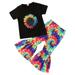 Toddler Girls Outfit Kids Baby Short Sleeve Sunflower T Shirt Tops Tie Dye Flare Pants Bell Bottoms 2Pcs Outfits Clothes Set