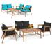 Gymax 4PCS Patio Conversation Set Wood Frame Furniture Set w/ Turquoise & Black Cushions