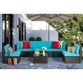 Sobaniilo 7 Piece Patio Furniture Sets All Weather PE Wicker Outdoor Conversation Sectional Sofa Set with Cushion and Pillow (Blue)