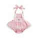 Easter Infant Baby Girls Romper Cartoon Print Rabbit Ears Tie-Up Halter Neck Sleeveless Backless Lace Trim Ruffles Jumpsuits