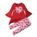 YWDJ 2-7 Years Valentine s Day Girls 2 Piece Outfit Set Kids Trumpet Sleeve Top Pants Love Pattern Set Red 6-7 Years