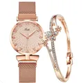 Ensemble de montres pour femmes Bracelet en acier maille magnétique Rose nouvelle collection