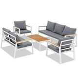 JOIVI Aluminum Patio Furniture Set 5 Pieces Outdoor Conversation Set with Teak Wood Top Coffee Table Patio Sectional Sofa Set for Poolside Lawn Backyard White Frame/ Gray Cushion