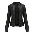 Ecqkame Women s Faux Leather Motorcycle Jacket Ladies Slim Leather Stand-Up Collar Zipper Stitching Solid Color Fall Jacket Black S