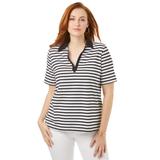 Plus Size Women's Stretch Cotton Polo Tee by Jessica London in Black Simple Stripe (Size L)