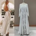 Robe de mariée en dentelle Boho Elopement Beach manches longues col bateau sur mesure drop