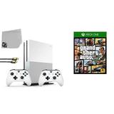 Pre-Owned Microsoft Xbox One S 500GB Gaming Console White 2 Controller Included with Grand Theft Auto V BOLT AXTION Bundle (Refurbished: Like New)