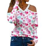 Qufokar Daily Deals Of The Day Prime Today Only Women Shirts Compression Women S Valentine S Day Top Shirt Halter Neck Strapless V-Neck Valentine S Day Print Long-Sleeved Shirt