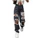 Huakaishijie Ripped Denim Pants for Women High Waisted Baggy Boyfriend Jeans Straight Wide Leg Pants