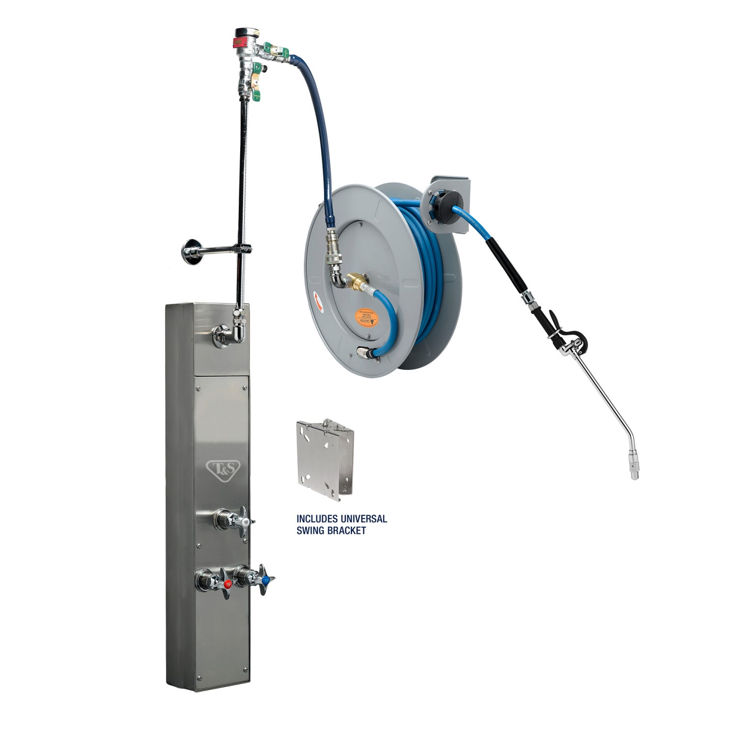 T&S B-7242-U10WS8BC 50 ft Surface-Mount Hose Reel Cabinet w/ Bottom Inlets & 50' Open Epoxy Hose, Silver