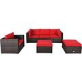 6PCS Patio Rattan Furniture Set Cushion Sofa Coffee Table Ottoman