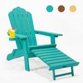 Kumji Wooden Folding Chairs Folding Chair with Pullout Ottoman Patio Chairs Lawn Chair with Cup Holder Oversized Poly Lumber for Patio Deck Garden Backyard Furniture Easy to Install Green