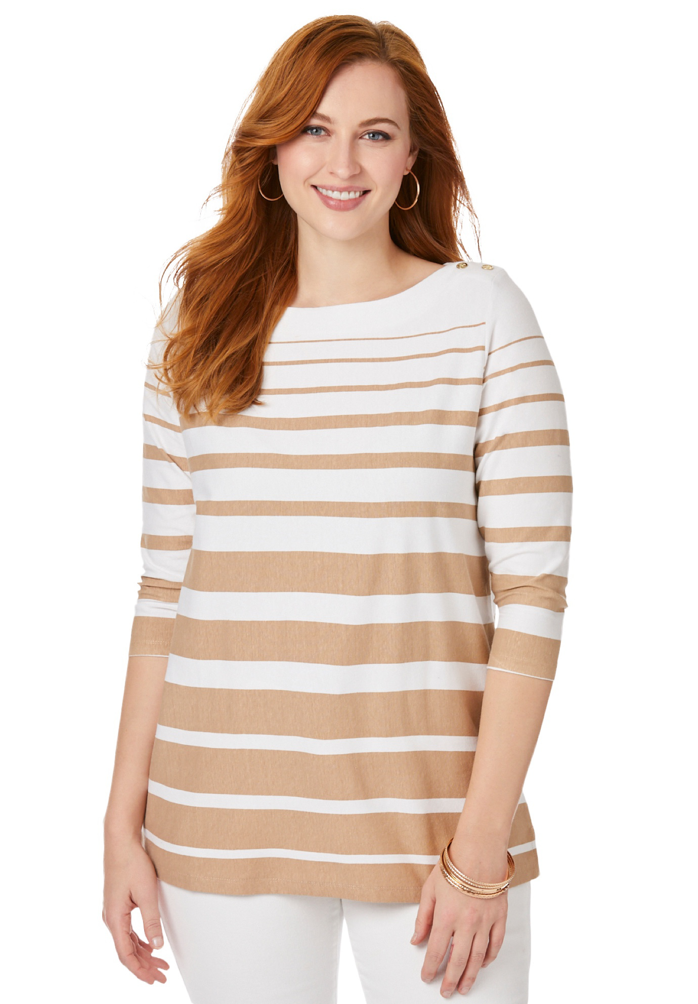 Plus Size Women's Stretch Cotton Boatneck Tunic by Jessica London in New Khaki Border Stripe (Size 38/40) Long Knit 3/4 Sleeve Shirt
