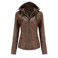 Women s Removable Hooded Faux Leather Jacket Moto Biker Coat XS-7XL