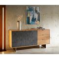 DELIFE Sideboard Teele 147 cm Akazie Natur Schiefer 2 Türen 3 Schubfächer Fuß schwebend Edelstahl, Sideboards