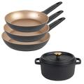 Russell Hobbs COMBO-8350 Pan Set with Cast Iron Stockpot, Enamel Coated Casserole Oven Safe Dish, Non-Stick Frying Pans, Induction Hob Suitable, PFOA-Free, 4 Piece Kitchen Cookware Set, Black/Gold