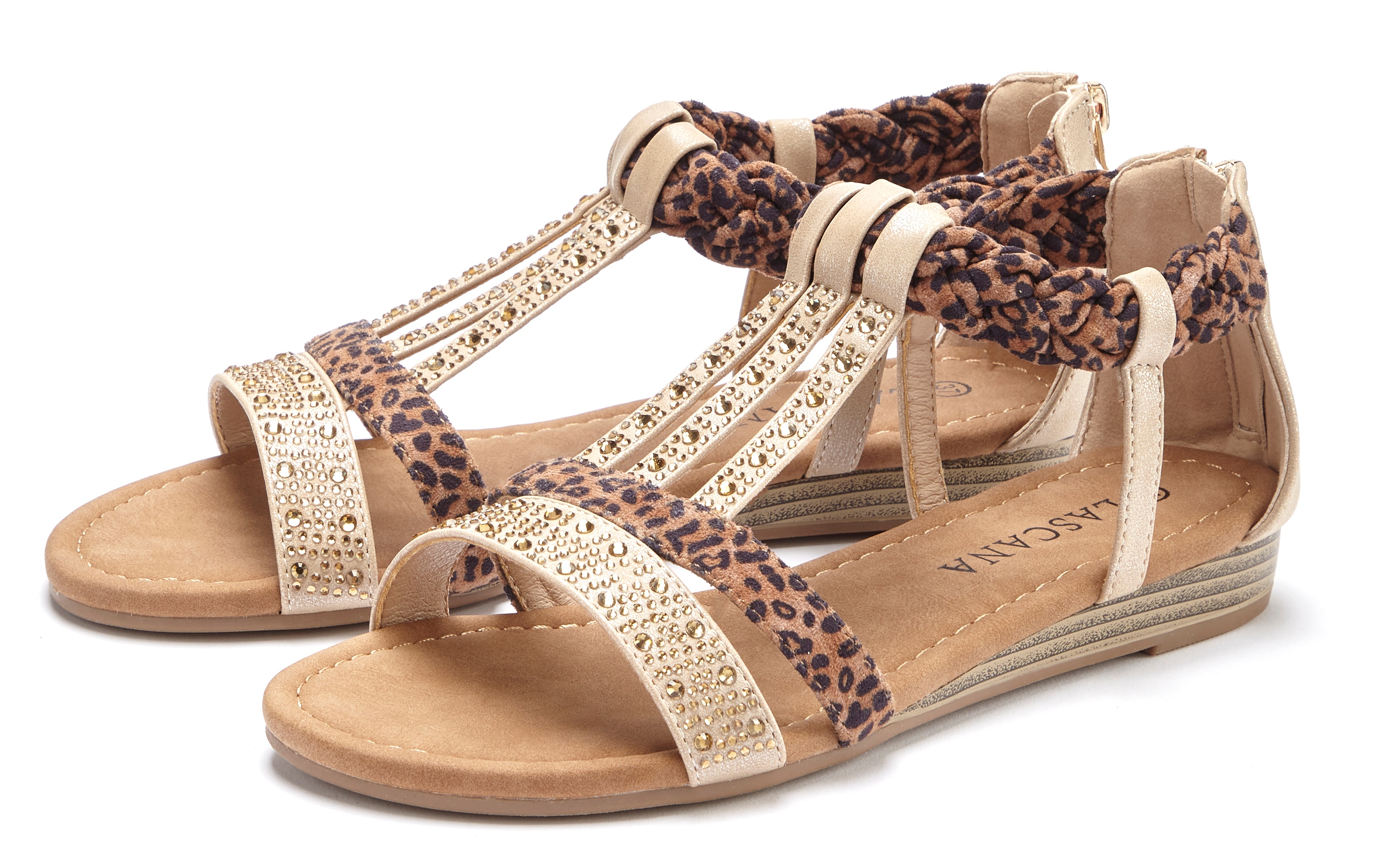 Sandale LASCANA "Sommerschuh, Sandalette", Damen, Gr. 38, beige (beige, braun), Obermaterial: 50% Lederimitat, 50% Textilmaterial. Decksohle: 100% Lederimitat. Futter: 100% Lederimitat. Laufsohle: 100% Synthetik, bedruckt, Schuhe Sandalette, mit...