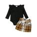 Diconna Toddler Baby Girl Skirt Outfit Long Sleeve Ruffle Shirt Top Mini Skirt Set Fall Winter 2Pcs Clothes Set Black+Brown 12-18M