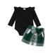 Diconna Toddler Baby Girl Skirt Outfit Long Sleeve Ruffle Shirt Top Mini Skirt Set Fall Winter 2Pcs Clothes Set Black+Green 12-18M