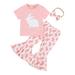 Kid Girls Easter Outfit Short Sleeve Bunny Print T-Shirt + Flare Pants + Bowknot Headband 3pcs Easter Pant Set