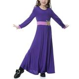 Kid Big Girl s Muslim Long Dress Medium Long Sleeve Round Neck Solid Color Dress Stitching Mid-length Dress Pleated Flowy Payer Dress