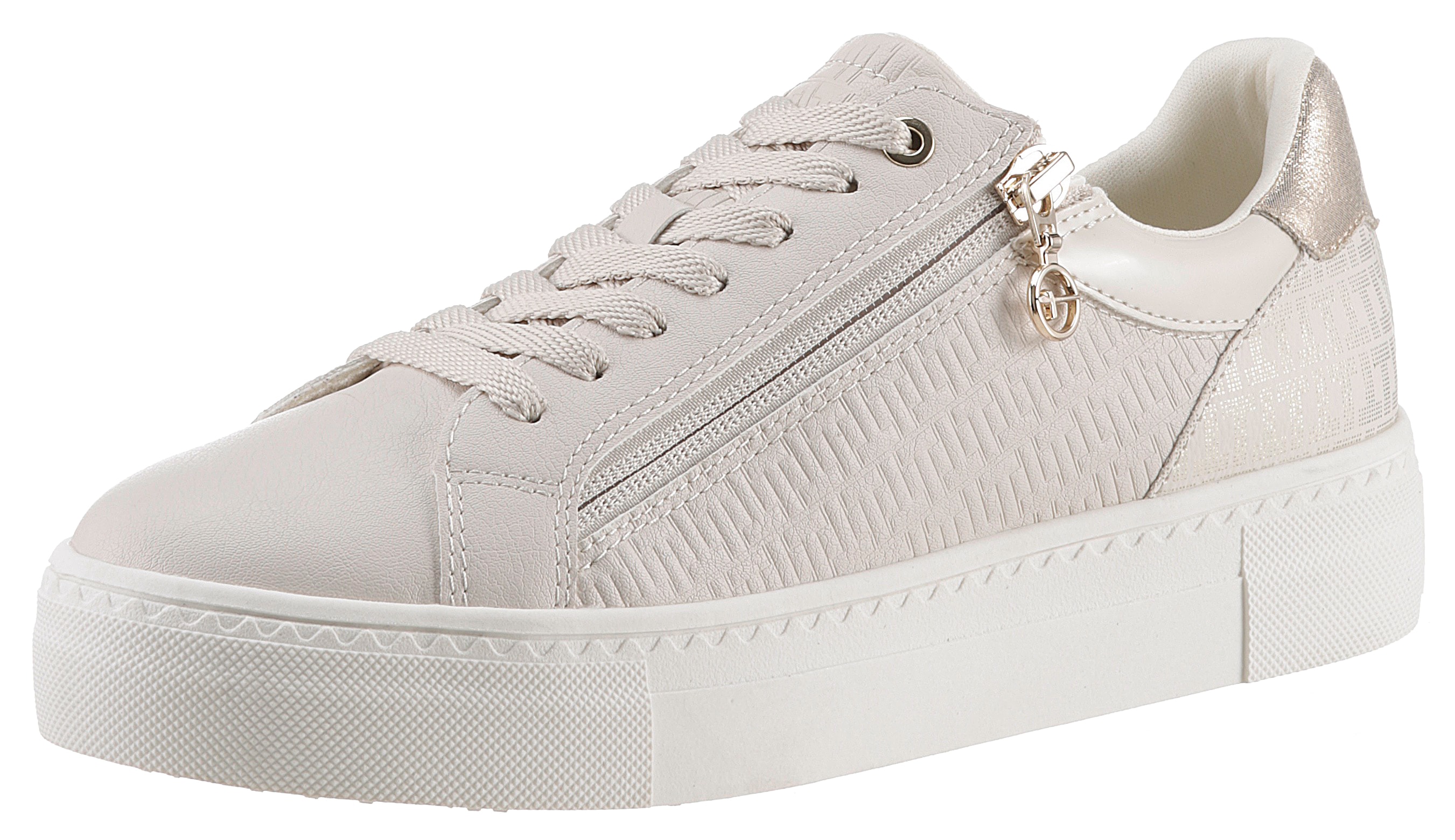 Plateausneaker TAMARIS, Damen, Gr. 41, beige (ecru, goldfarben), Lacklederimitat, Lederimitat, Schuhe Plateausneaker, Freizeitschuh, Halbschuh, Schnürer mit Besätzen und Glitzerdetails
