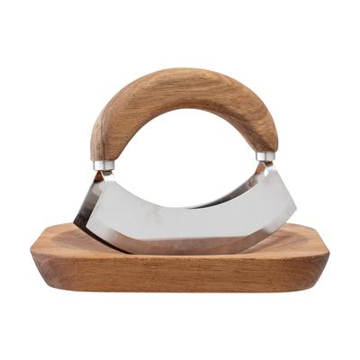 Acacia Wood & Stainless Steel Mezzaluna - 8.0"L x 8.0"W x 1.0"H